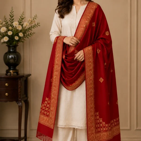 Mehak Shawls Ruby Red Embroidered Pure Wool Shawl