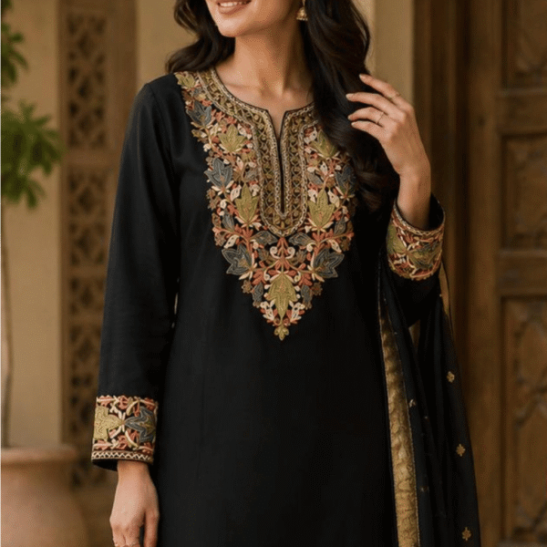 Mehak Shawls Winter Fine Wool Cord Set – Premium Embroidered Black Collection