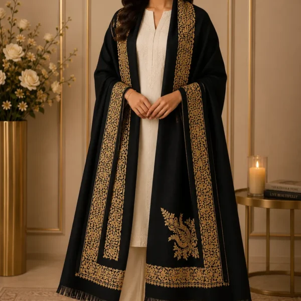 Mehak Shawls Pure Wool Kashmiri Hand Embroidery Shawl – Black & Gold Heritage Design