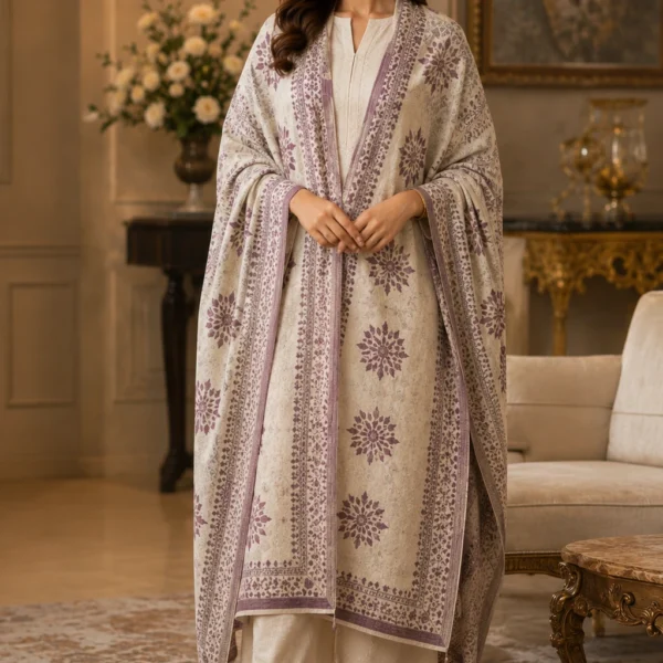 Mehak Shawls Ivory Lavender Wool Knitting Stole