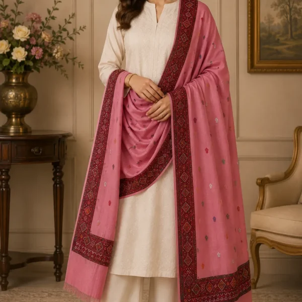 Mehak Shawls Pure Wool Weaving Border Jall Shawl – Pink Multi Buti Design