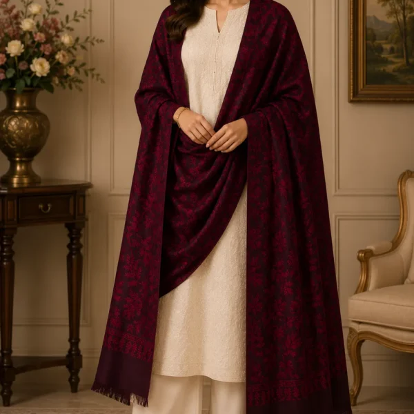 Mehak Shawls Pure Wool Aari Embroidery Shawl – Wine Red Floral Design