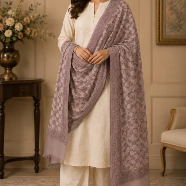 Mehak Shawls Pure Wool Janawar Shawl – Floral Stripe Design (Dusty Rose)