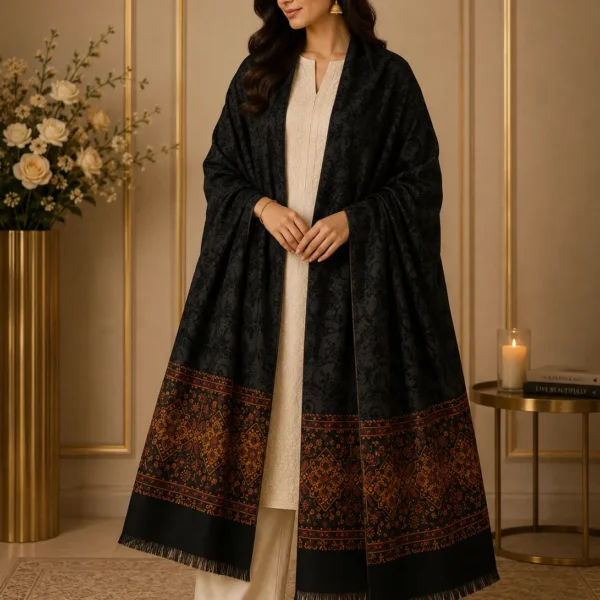 Mehak Shawls Pure Wool Pallu Shawl – Black Floral Heritage Design