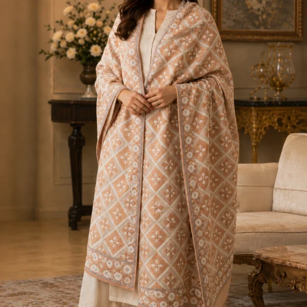 Mehak Shawls Peach Embroidered Wool Knitting Stole