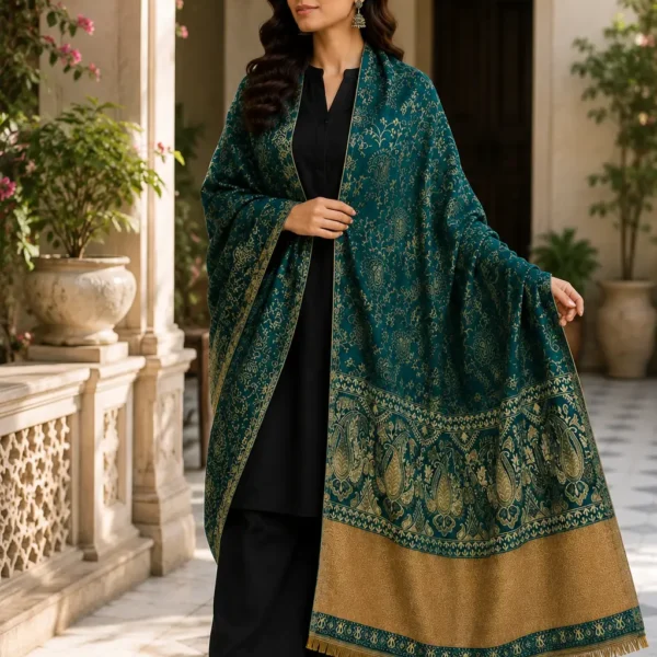 Mehak Shawls Teal Paisley Pashwool Shawl