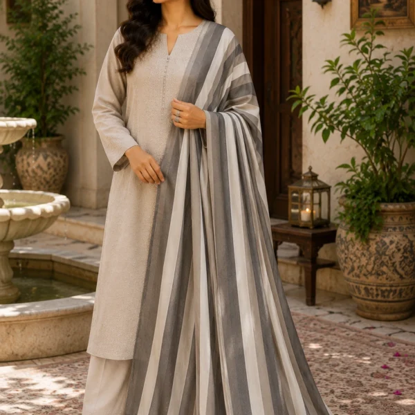 Mehak Shawls Grey Stripe Pure Wool Shawl
