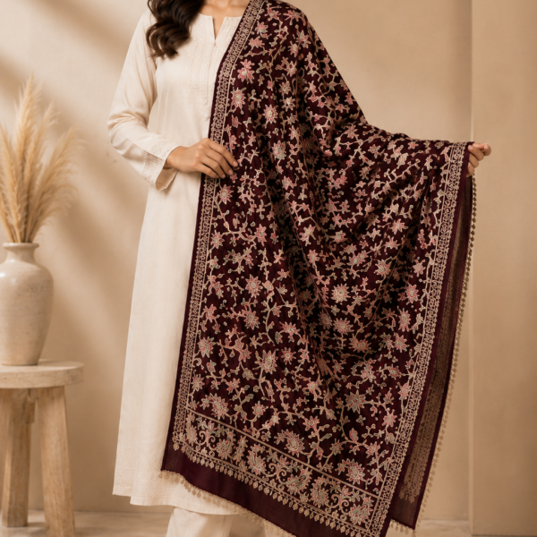 Mehak Shawls Maroon Kashmiri Embroidery Pashmina Wool Stole