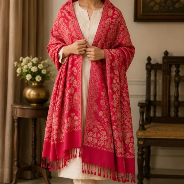 Mehak Shawls Rose Pink Floral Poly Wool Stole