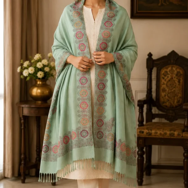 Mehak Shawls Mint Green Embroidered Pash Wool Stole