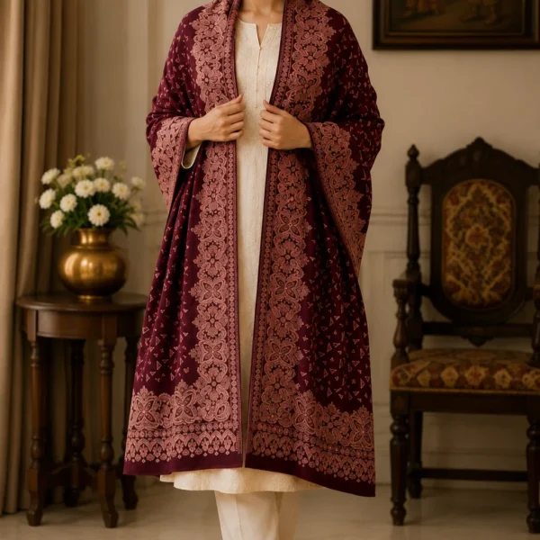 Mehak Shawls Maroon Heritage Pash Wool Stole