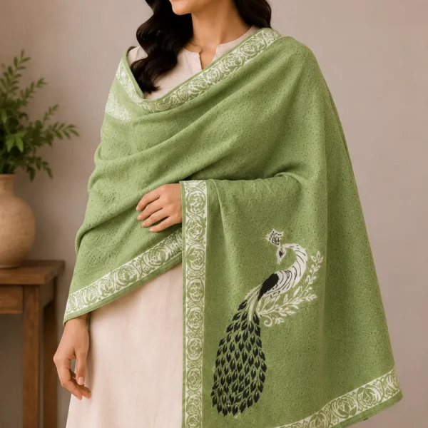 Mehak Shawls Green Peacock Wool Knitting Stole