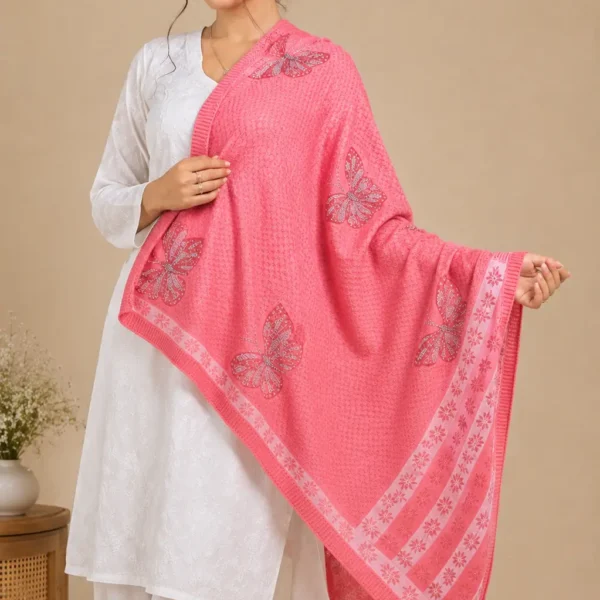 Mehak Shawls Pink Floral Wool Knitting Stole