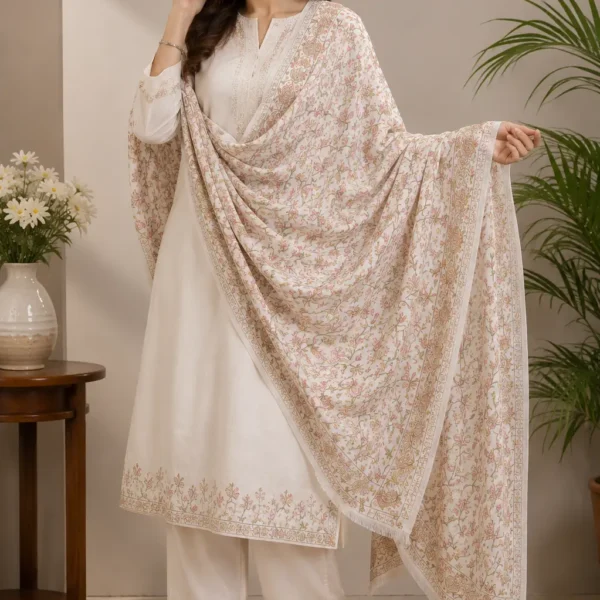 Mehak Shawls Ivory Floral Handwork Pashmina Wool Stole