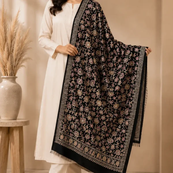 Mehak Shawls Black Floral Heritage Pashmina Wool Stole
