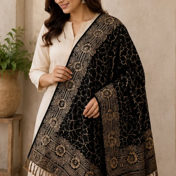 Mehak Shawls Black Royal Embroidered Pashmina Wool Stole 25