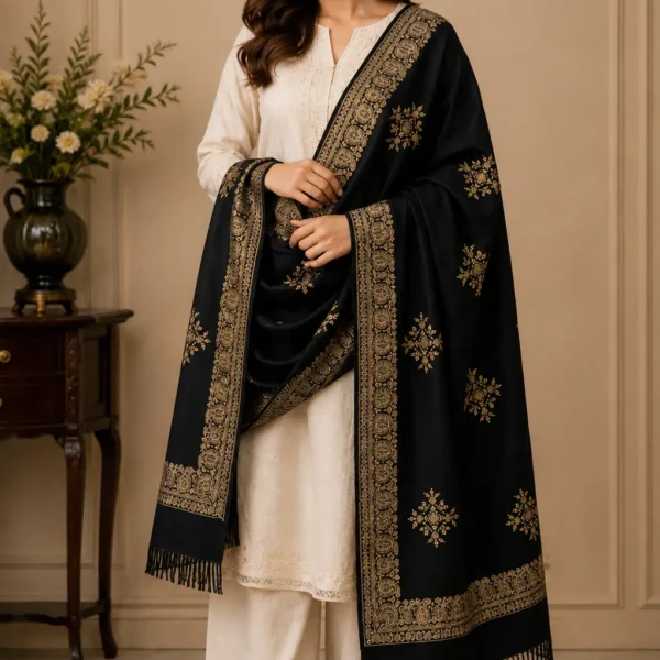 Mehak Shawls Black Embroidered Pure Wool Shawl