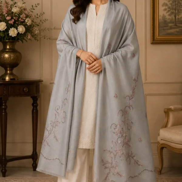 Mehak Shawls Pure Wool Kashmiri Hand Embroidery Shawl – Floral Vine Design (Silver Grey)