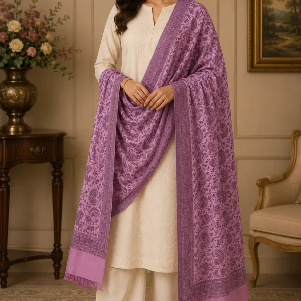 Mehak Shawls Pure Wool Weaving Border Jall Shawl – Paisley Floral Design (Pink)