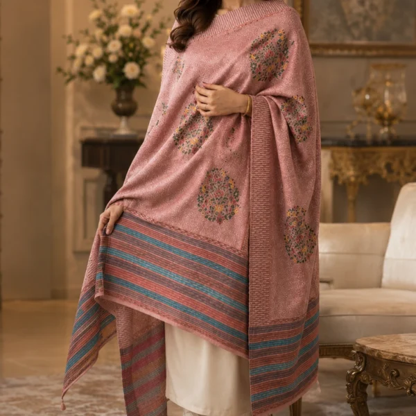 Mehak Shawls Rose Pink Floral Wool Knitting Stole
